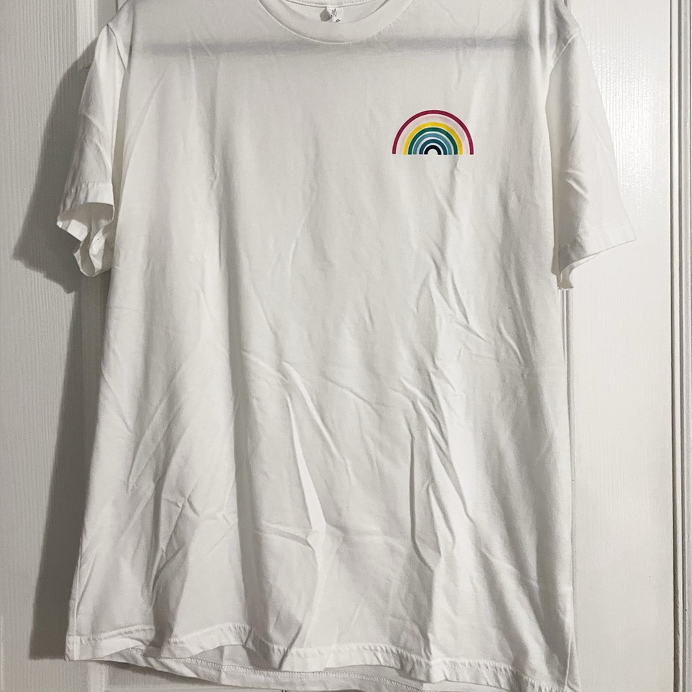 Emily Ley Simplified White Tee with Vibrant Rainbow Design